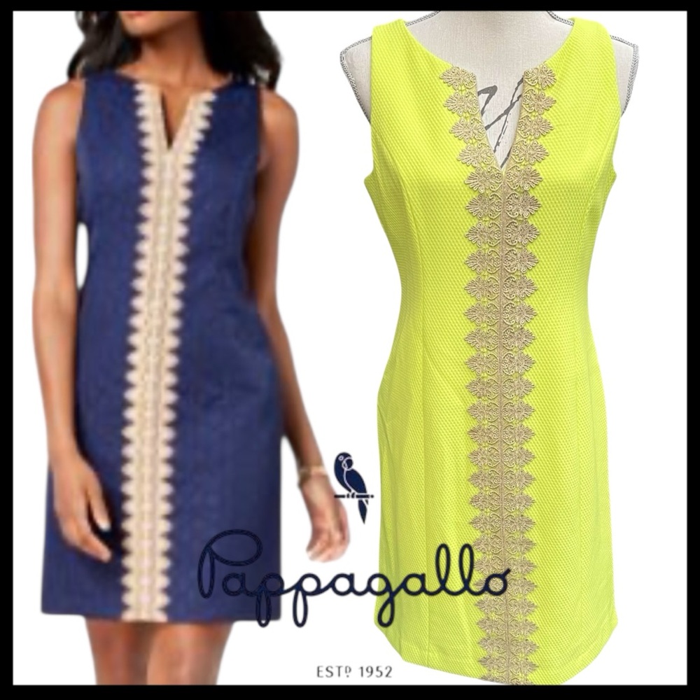 Pappagallo Chartreuse Yellow/Gold Applique Sleeveless V Neck Textured Dress (6)